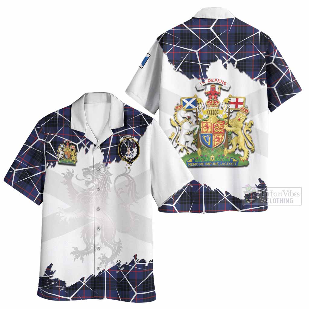 Morgan Tartan Hawaiian Shirt with Family Crest and Lion Rampant Grunge Style