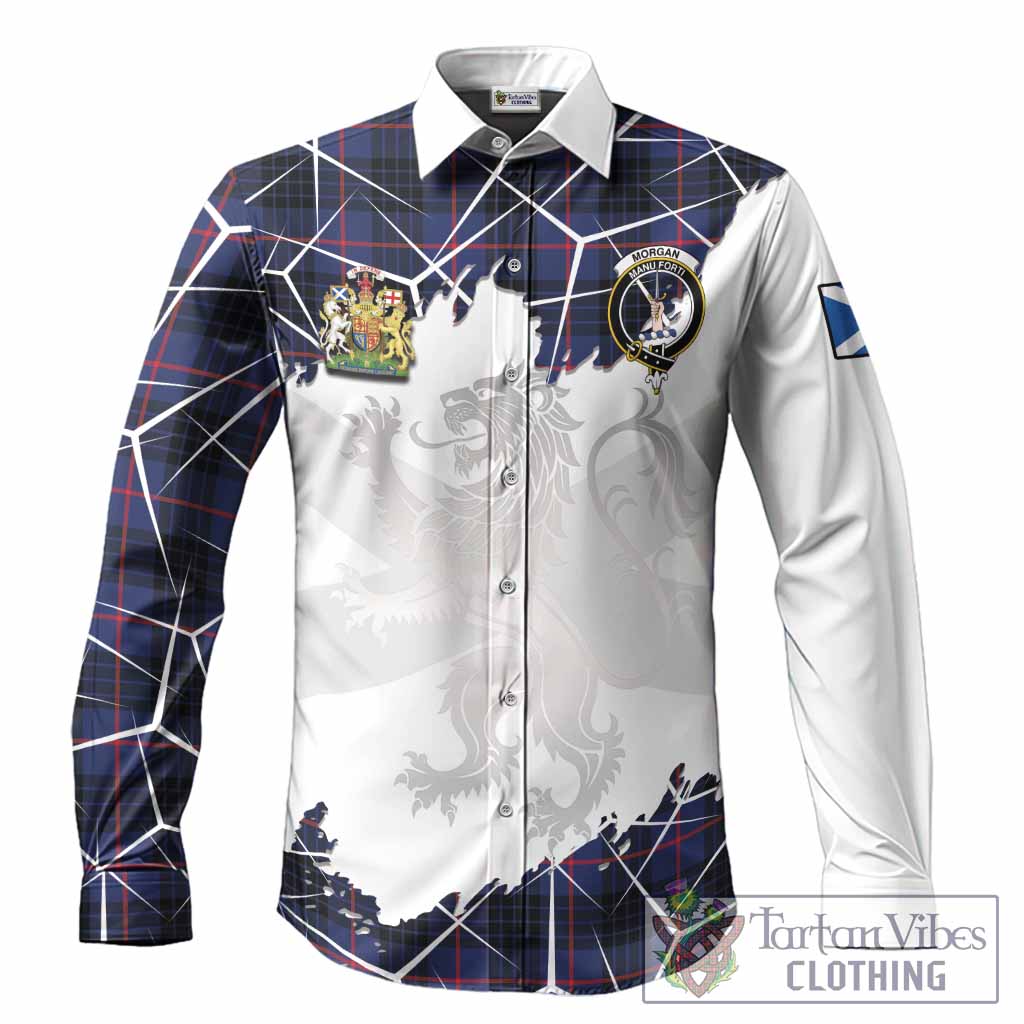 Morgan Tartan Long Sleeve Button Shirts with Family Crest and Lion Rampant Grunge Style