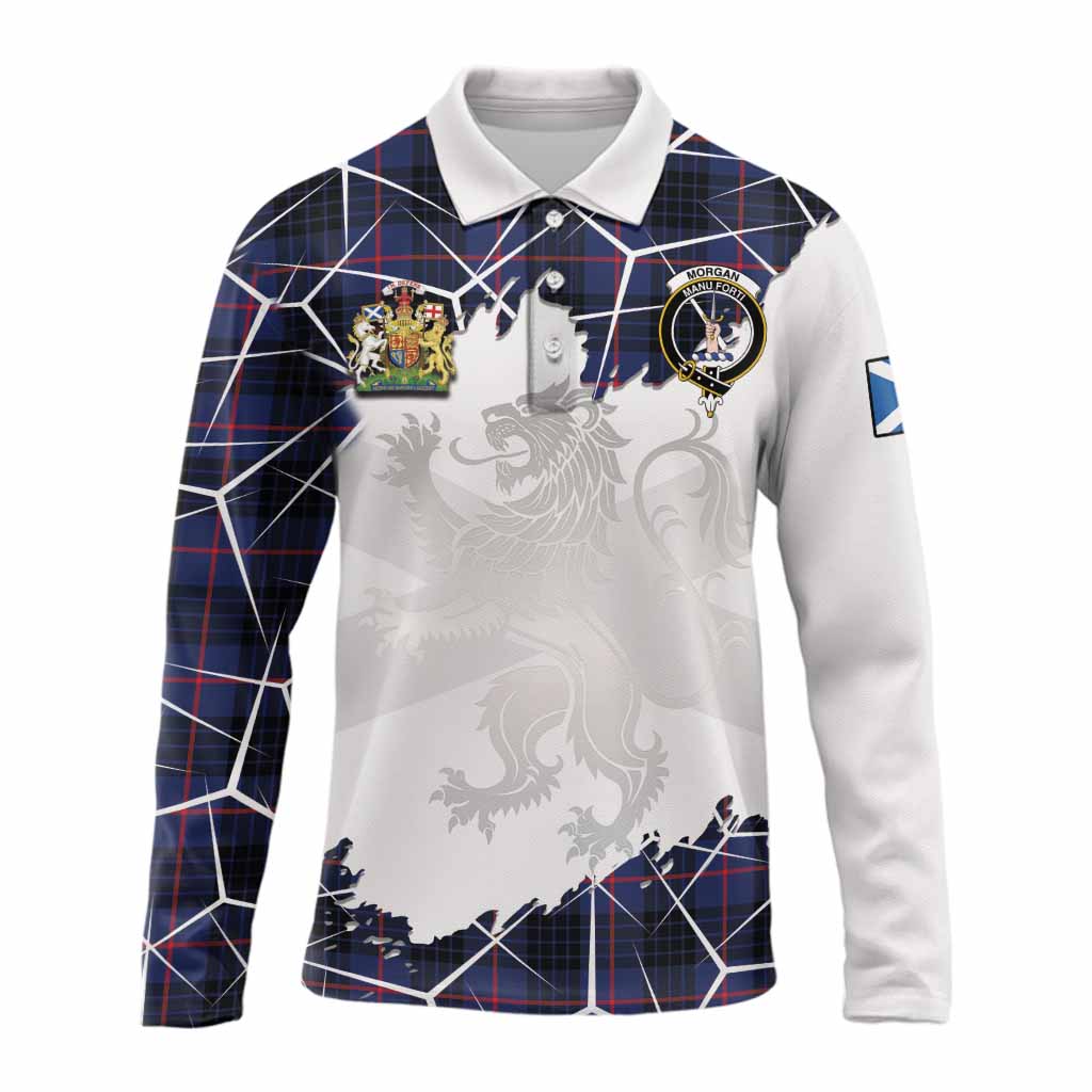 Morgan Tartan Long Sleeve Polo Shirt with Family Crest and Lion Rampant Grunge Style