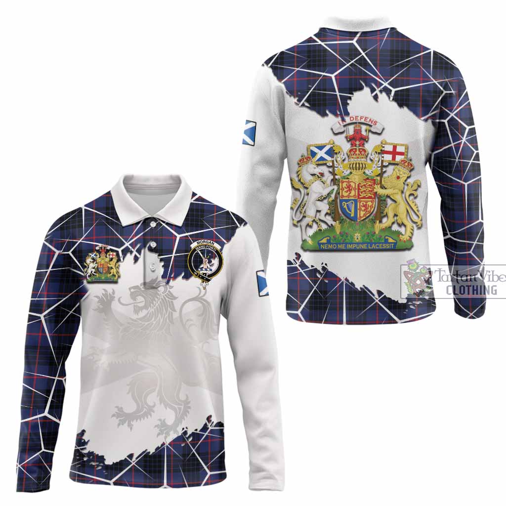 Morgan Tartan Long Sleeve Polo Shirt with Family Crest and Lion Rampant Grunge Style