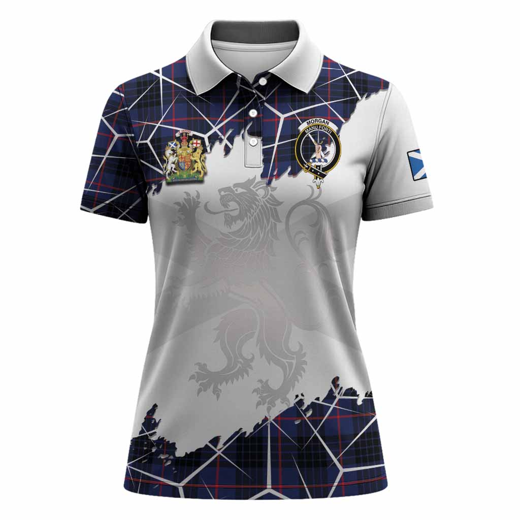 Morgan Tartan Women Polo Shirt with Family Crest and Lion Rampant Grunge Style