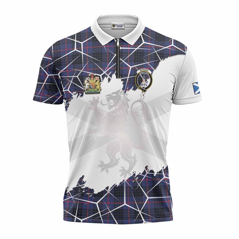 Morgan Tartan Zipper Polo Shirt with Family Crest and Lion Rampant Grunge Style