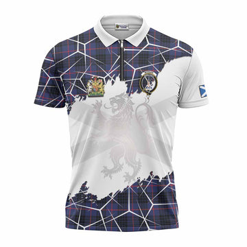 Morgan Tartan Zipper Polo Shirt with Family Crest and Lion Rampant Grunge Style