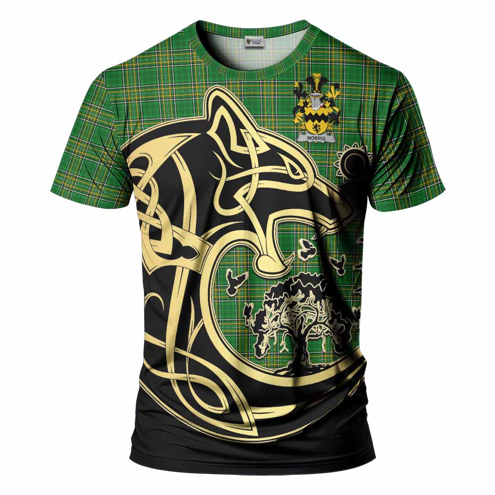 Tartan Vibes Clothing Morris Irish Tartan T-Shirt with Coat of Arms Celtic Wolf Style