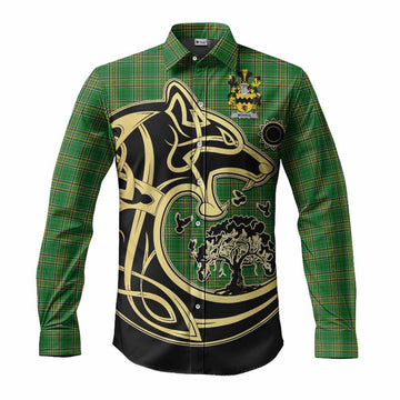 Morris Irish Tartan Long Sleeve Button Shirt with Coat of Arms Celtic Wolf Style