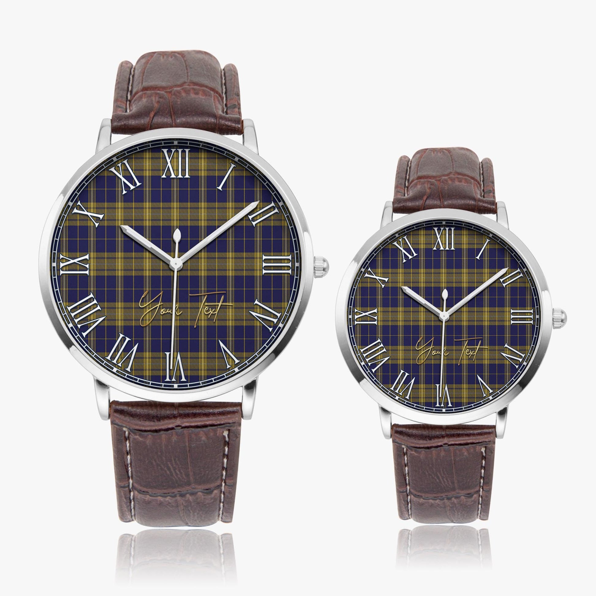 Morris of Wales Tartan Personalized Your Text Leather Trap Quartz Watch Ultra Thin Silver Case With Brown Leather Strap - Tartanvibesclothing
