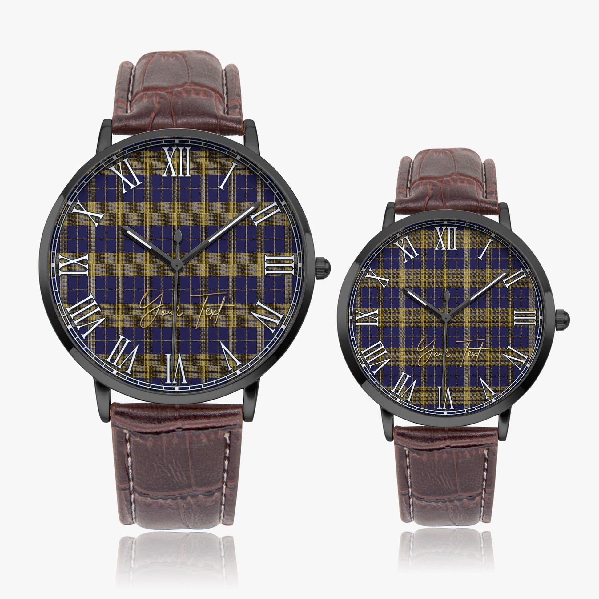 Morris of Wales Tartan Personalized Your Text Leather Trap Quartz Watch Ultra Thin Black Case With Brown Leather Strap - Tartanvibesclothing