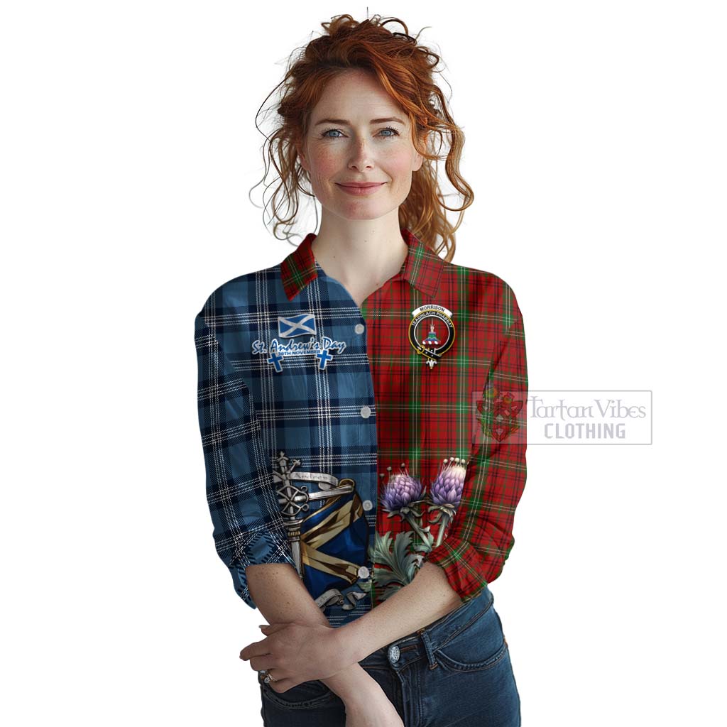 Tartan Vibes Clothing Morrison Tartan Women's Casual Shirt Happy St. Andrew's Day Half Tartan Style