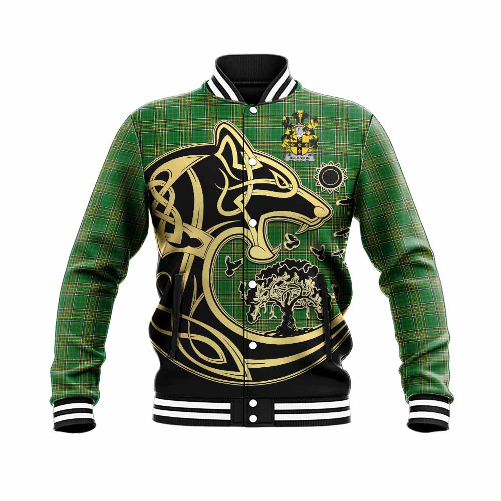 Morrison Irish Tartan Baseball Jacket with Coat of Arms Celtic Wolf Style Unisex - Tartan Vibes Clothing