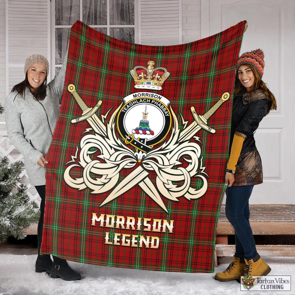 Tartan Vibes Clothing Morrison Tartan Blanket with Clan Crest and the Golden Sword of Courageous Legacy