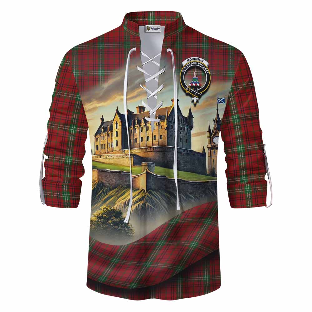 Tartan Vibes Clothing Morrison Tartan Family Crest Ghillie Kilt Shirt with Scottish Ancient Castle Style