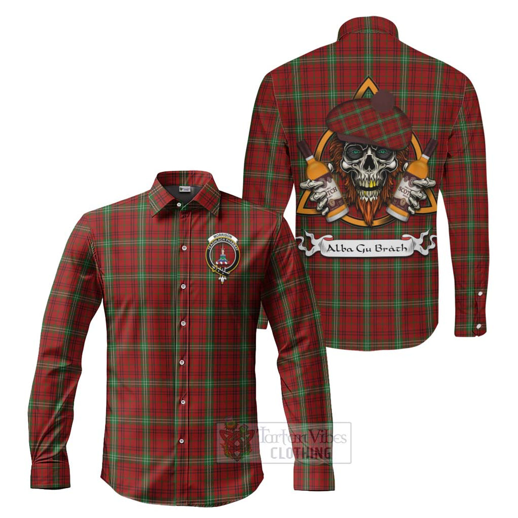 Tartan Vibes Clothing Morrison Tartan Long Sleeve Button Shirt with Family Crest and Bearded Skull Holding Bottles of Whiskey