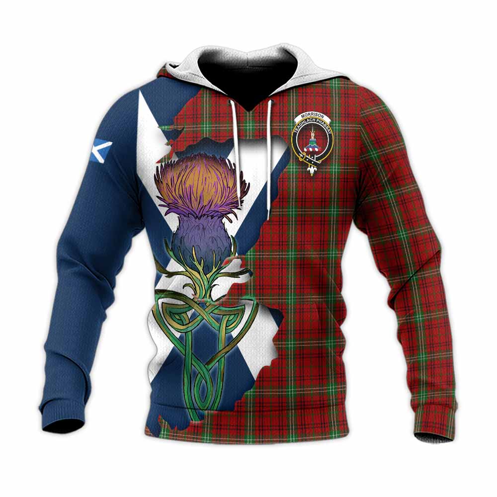 Tartan Vibes Clothing Morrison Tartan Family Crest Knitted Hoodie Scottish Thistle Celtic Inspired