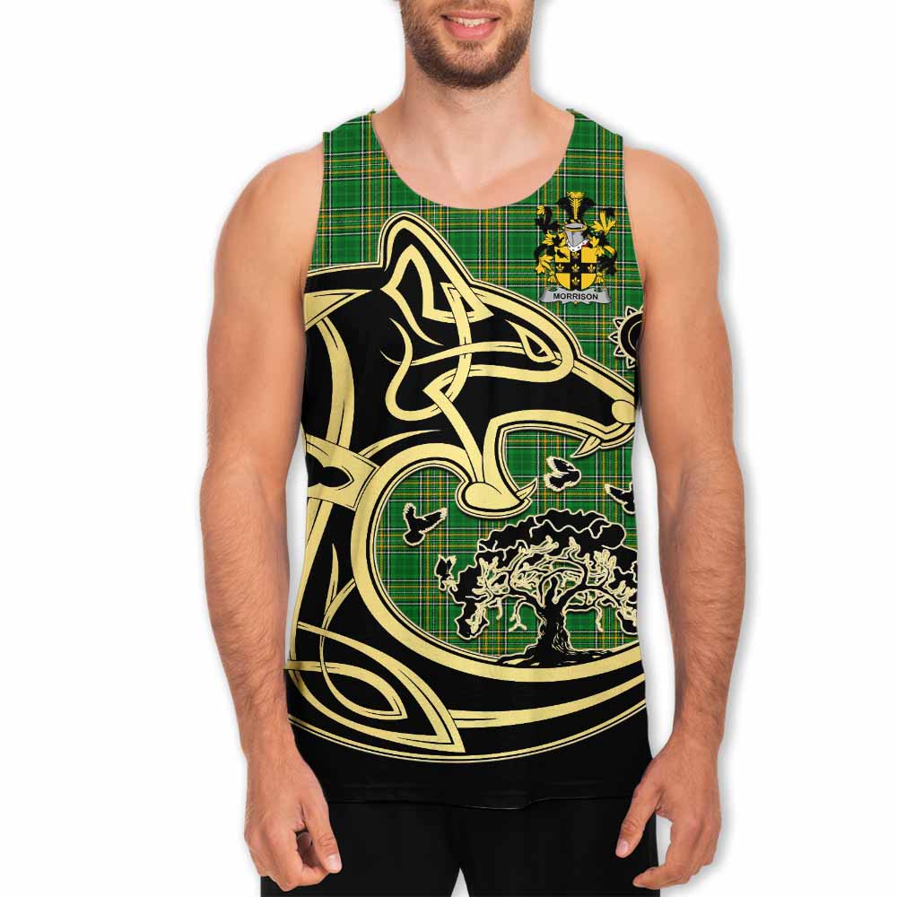 Tartan Vibes Clothing Morrison Irish Tartan Men's Tank Top with Coat of Arms Celtic Wolf Style