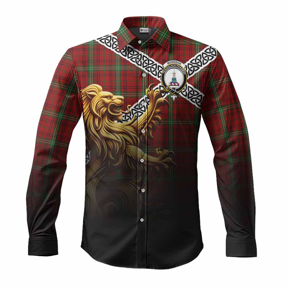 Tartan Vibes Clothing Morrison Crest Tartan Long Sleeve Button Shirt with Golden Lion Emblem Celtic Style