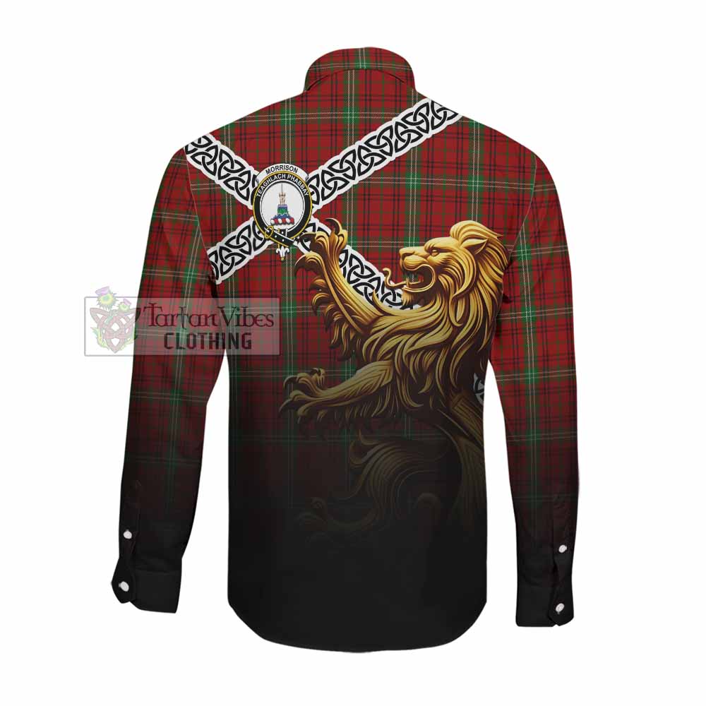 Tartan Vibes Clothing Morrison Crest Tartan Long Sleeve Button Shirt with Golden Lion Emblem Celtic Style