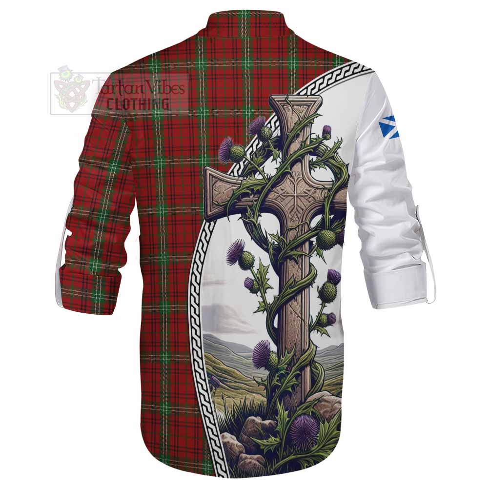 Tartan Vibes Clothing Morrison Tartan Ghillie Kilt Shirt with Family Crest and St. Andrew's Cross Accented by Thistle Vines