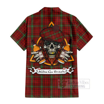 Morrison Tartan Hawaiian Shirt with Family Crest and Bearded Skull Holding Bottles of Whiskey