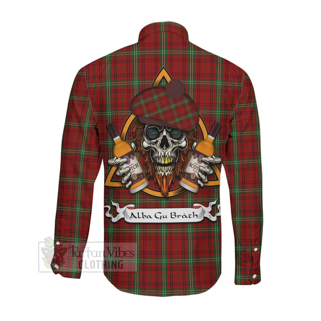 Tartan Vibes Clothing Morrison Tartan Long Sleeve Button Shirt with Family Crest and Bearded Skull Holding Bottles of Whiskey