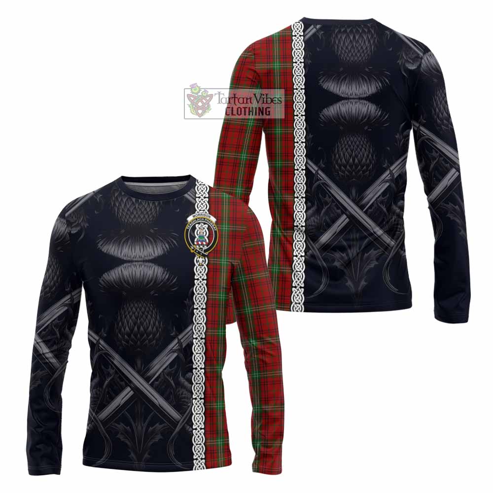 Tartan Vibes Clothing Morrison Tartan Long Sleeve T-Shirt with Family Crest Cross Sword Thistle Celtic Vibes