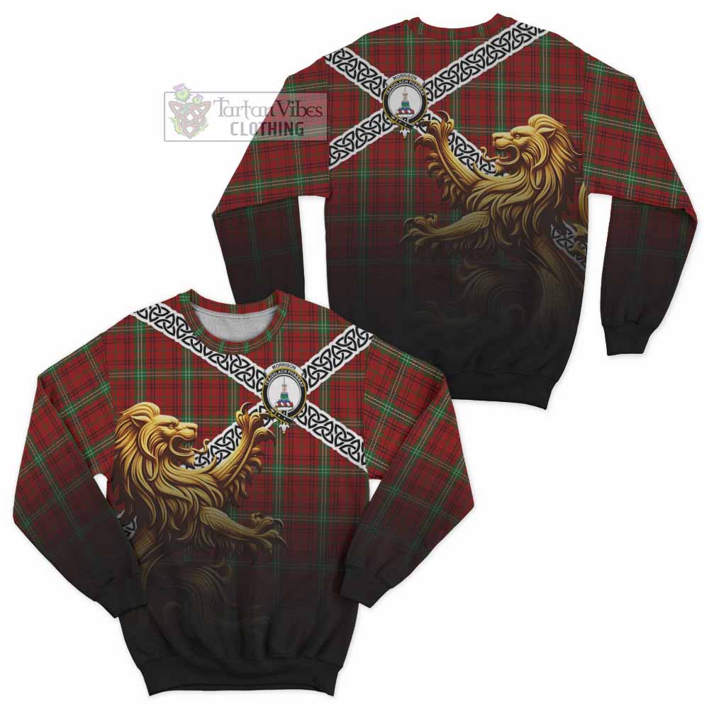 Tartan Vibes Clothing Morrison Crest Tartan Sweatshirt with Golden Lion Emblem Celtic Style