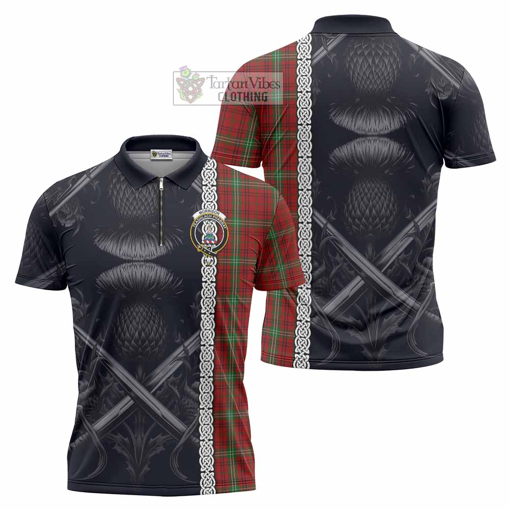 Tartan Vibes Clothing Morrison Tartan Zipper Polo Shirt with Family Crest Cross Sword Thistle Celtic Vibes