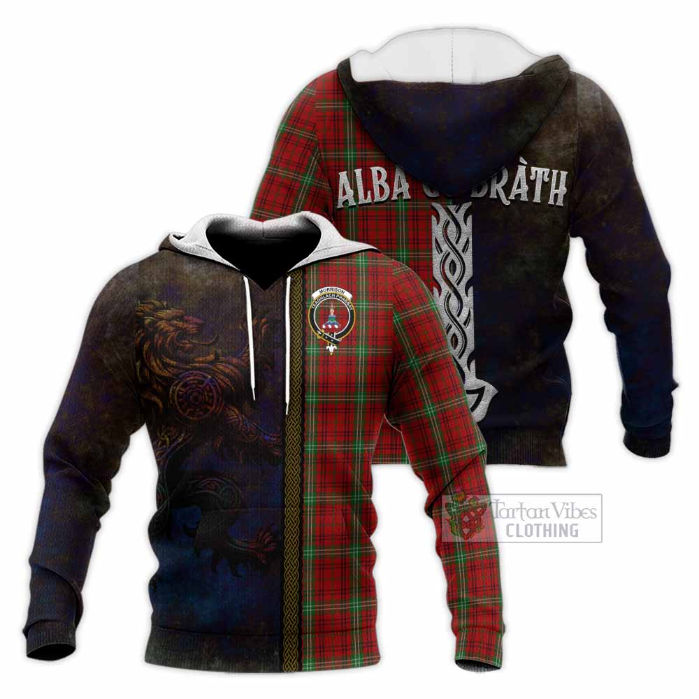 Tartan Vibes Clothing Morrison Tartan Family Crest Knitted Hoodie Alba Gu Brath Be Brave Lion Ancient Style