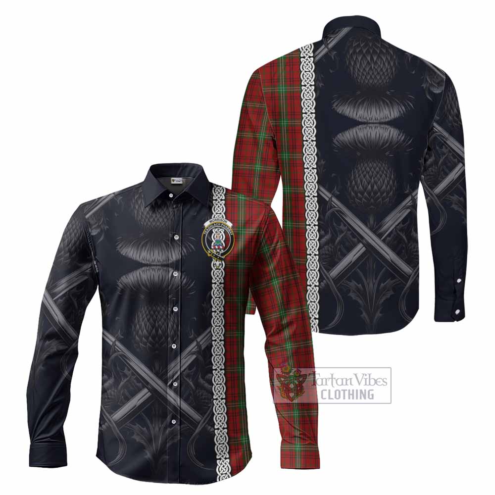 Tartan Vibes Clothing Morrison Tartan Long Sleeve Button Shirt with Family Crest Cross Sword Thistle Celtic Vibes