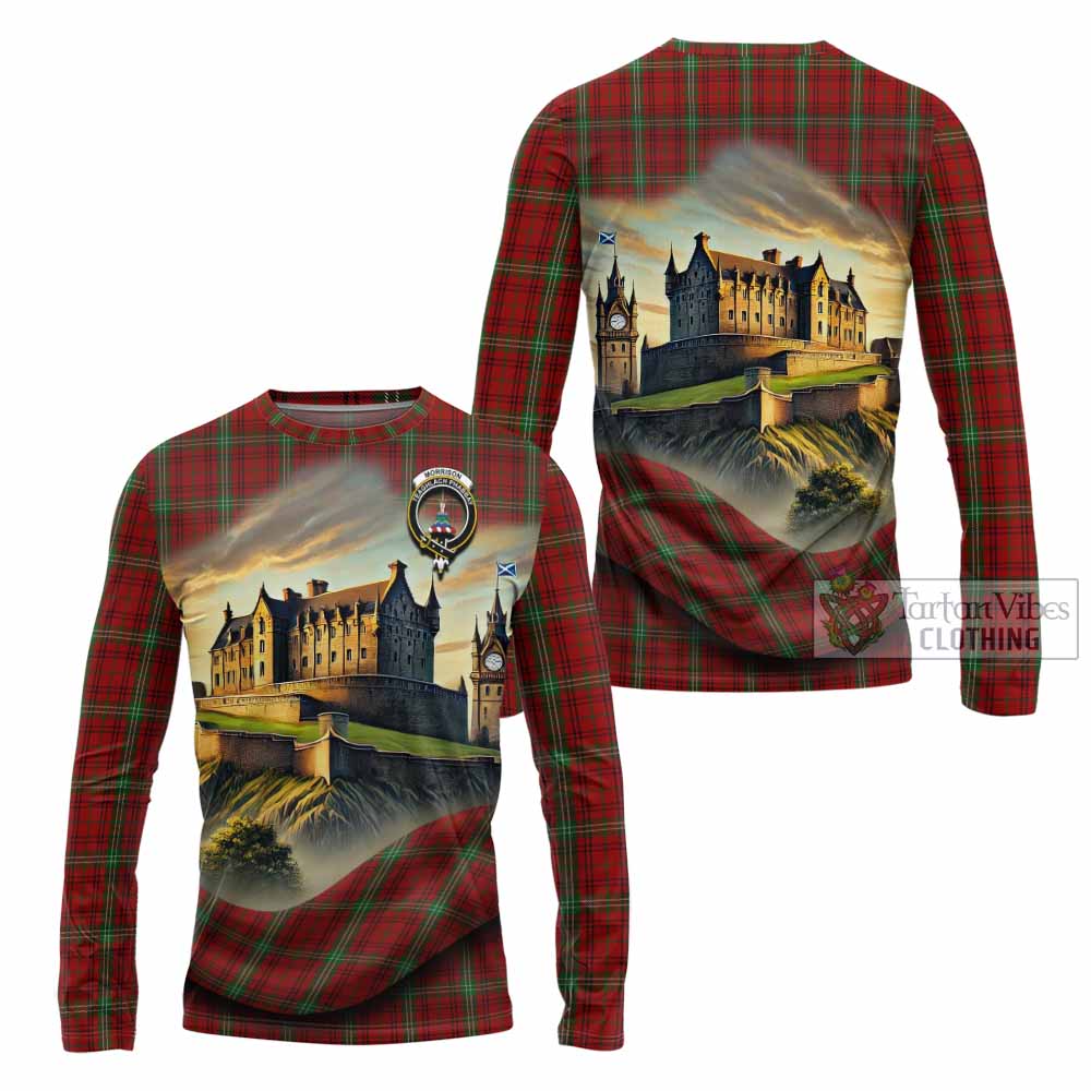 Tartan Vibes Clothing Morrison Tartan Family Crest Long Sleeve T-Shirt with Scottish Ancient Castle Style