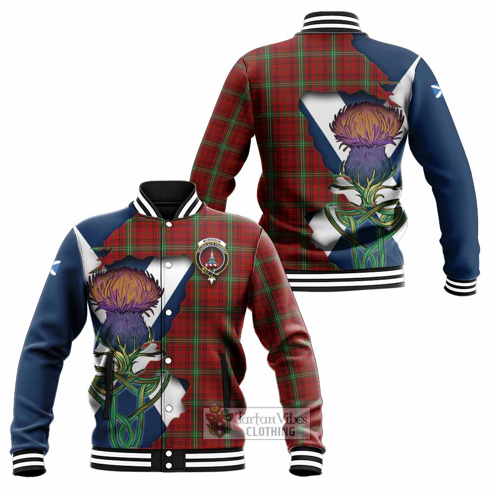 Tartan Vibes Clothing Morrison Tartan Family Crest Baseball Jacket Scottish Thistle Celtic Inspired