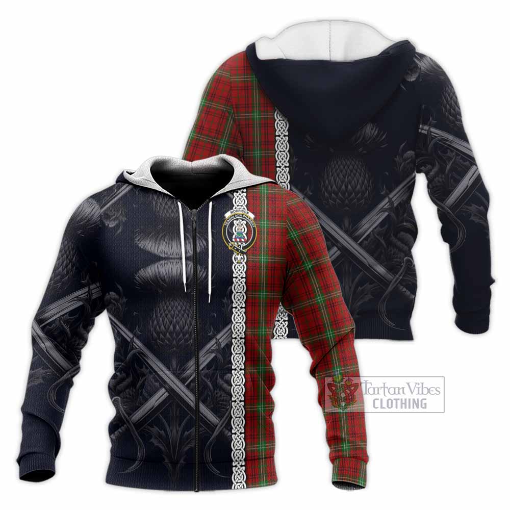 Tartan Vibes Clothing Morrison Tartan Knitted Hoodie with Family Crest Cross Sword Thistle Celtic Vibes