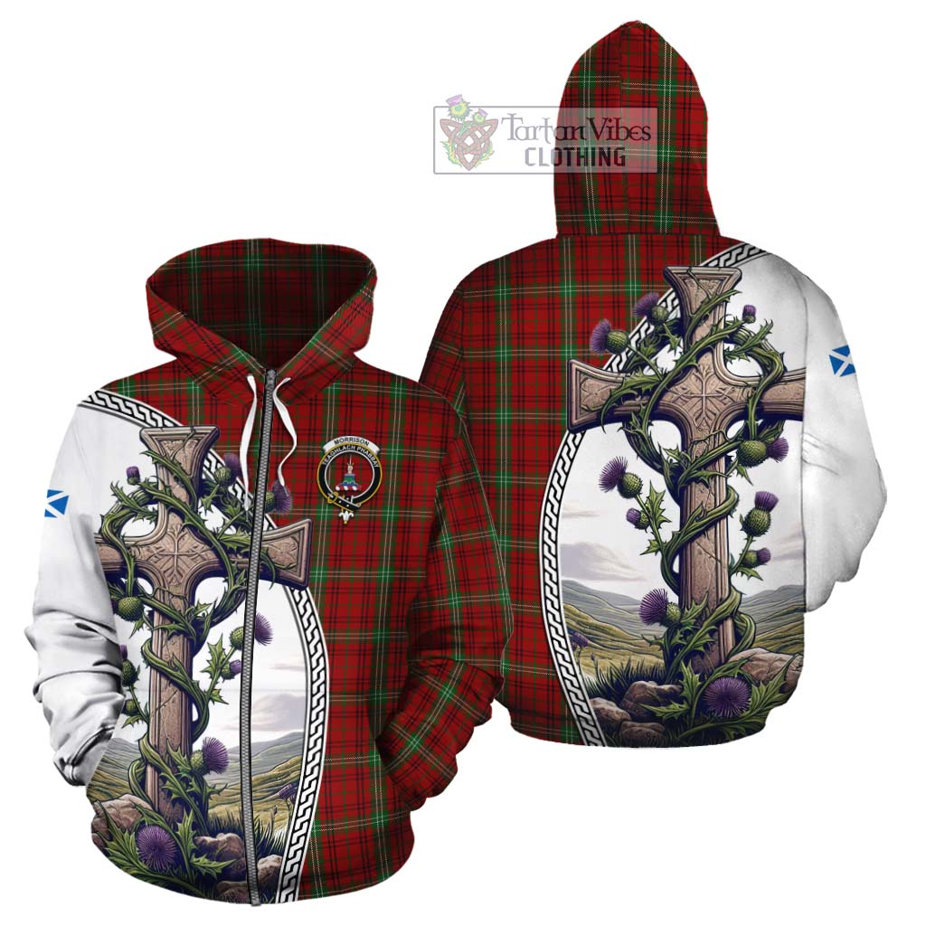 Tartan Vibes Clothing Morrison Tartan Cotton Hoodie with Family Crest and St. Andrew's Cross Accented by Thistle Vines