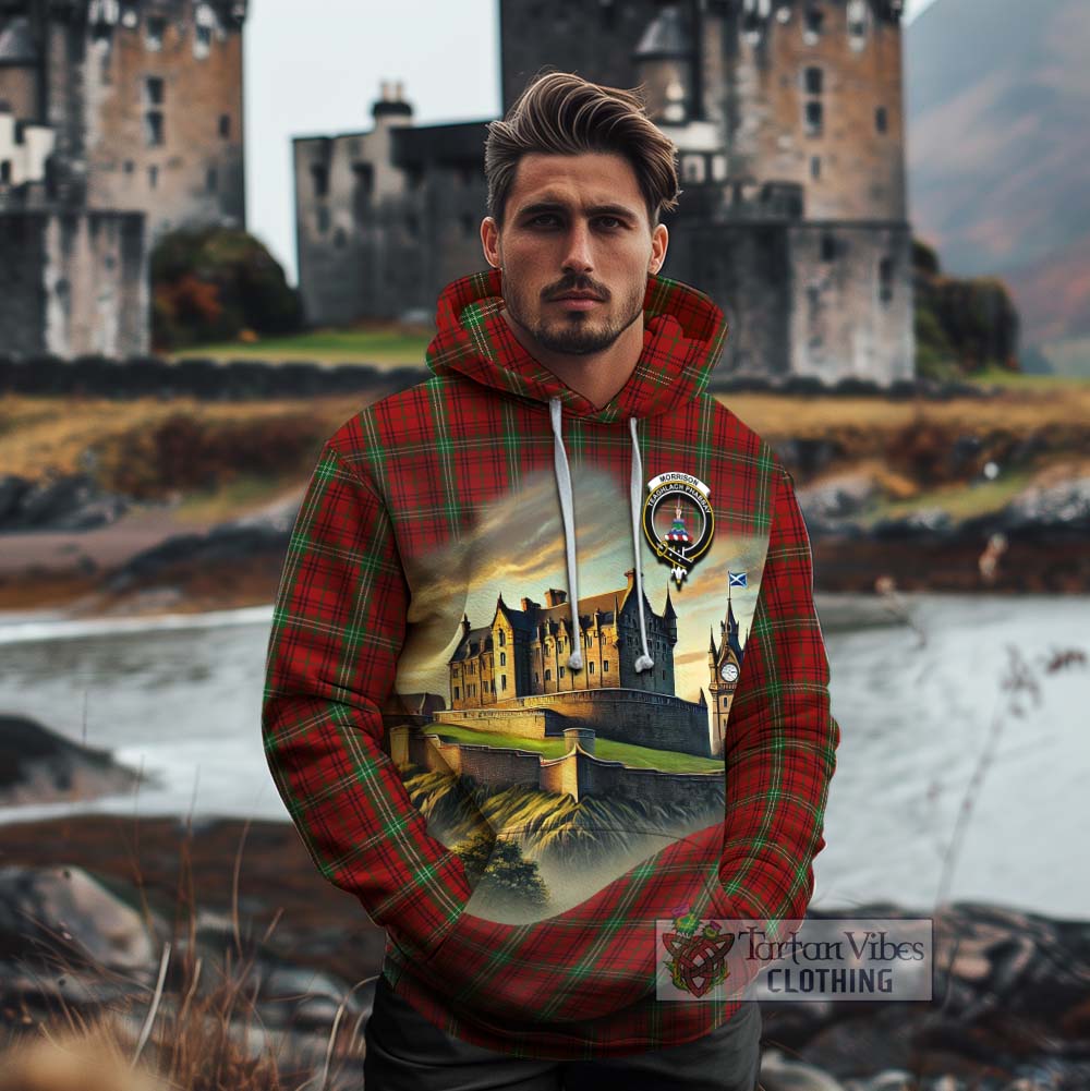 Tartan Vibes Clothing Morrison Tartan Family Crest Cotton Hoodie with Scottish Ancient Castle Style