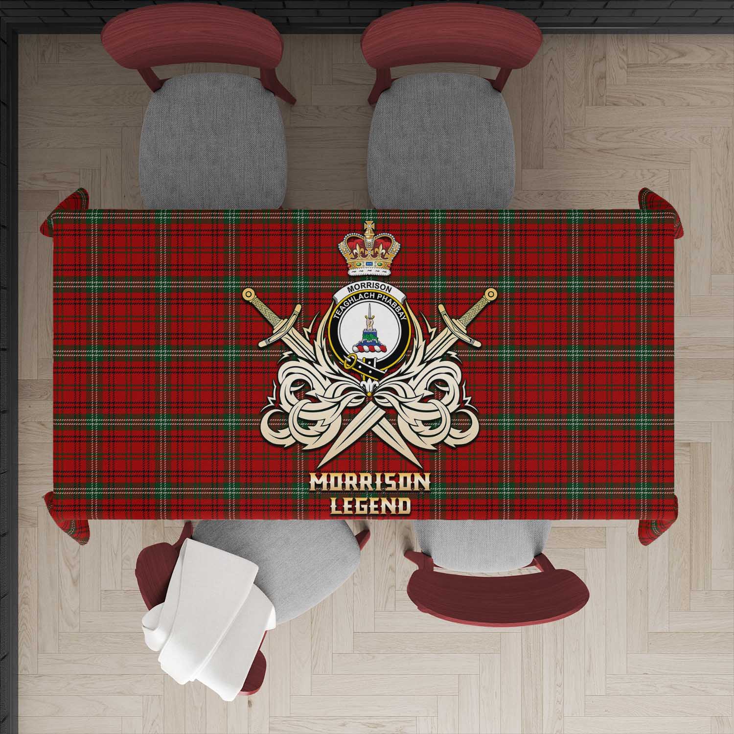 Tartan Vibes Clothing Morrison Ancient Tartan Tablecloth with Clan Crest and the Golden Sword of Courageous Legacy