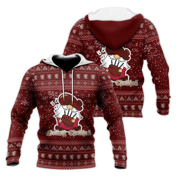 Morrison Red Clan Christmas Knitted Hoodie with Funny Gnome Playing Bagpipes