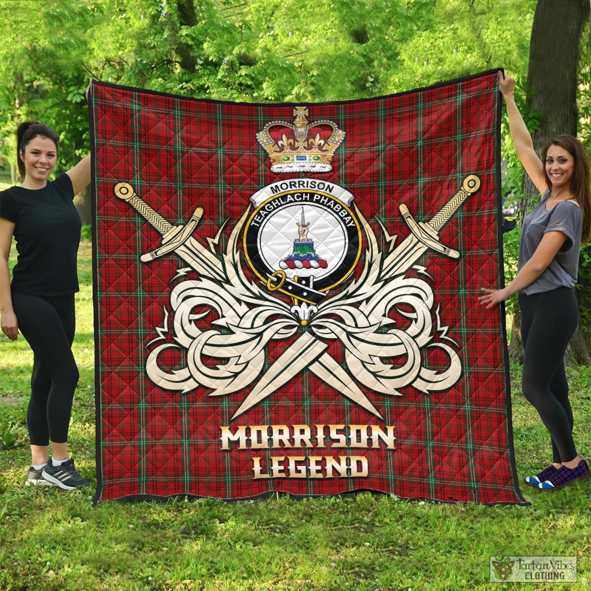Tartan Vibes Clothing Morrison Ancient Tartan Quilt with Clan Crest and the Golden Sword of Courageous Legacy