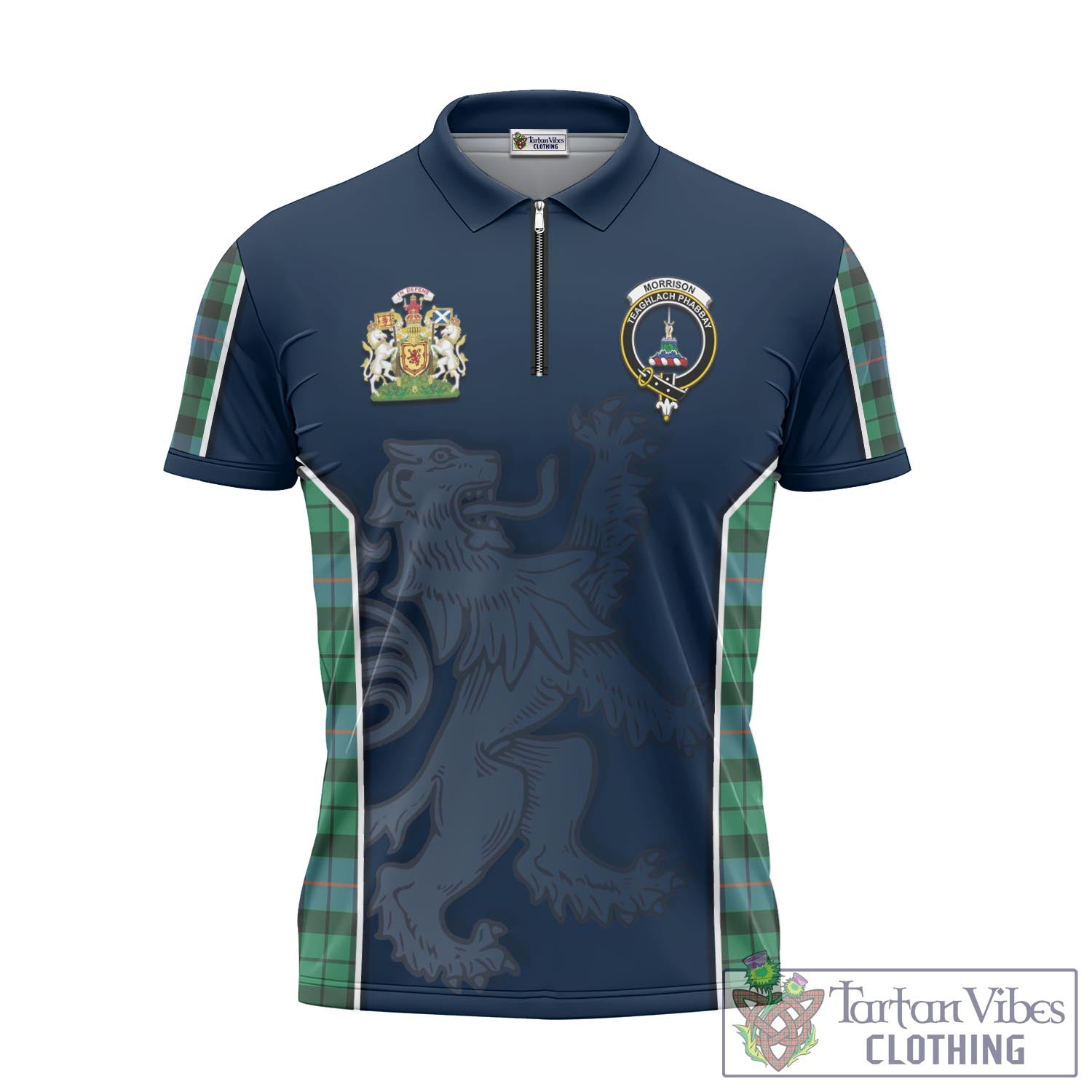 Tartan Vibes Clothing Morrison Ancient Tartan Zipper Polo Shirt with Family Crest and Lion Rampant Vibes Sport Style