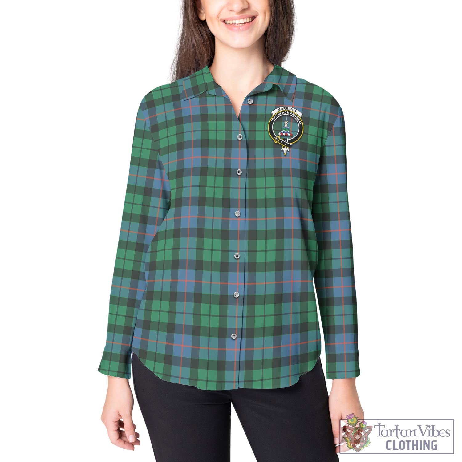Tartan Vibes Clothing Morrison Ancient Tartan Womens Casual Shirt with Family Crest