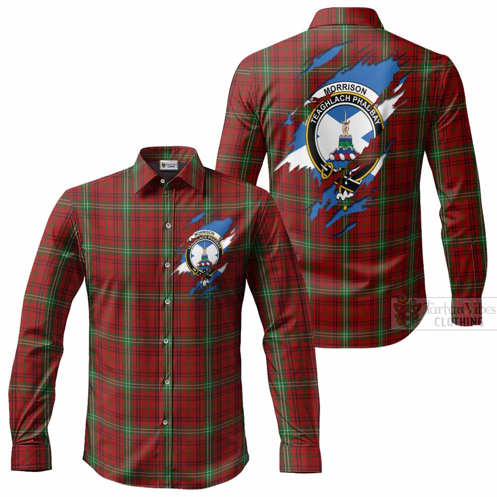 Morrison Clan Crest In Me Tartan Long Sleeve Button Shirts Scotland Flag Style