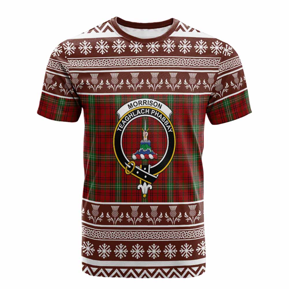 Morrison Clan Tartan Christmas Cotton T-shirt with Family Crest - Tartan Vibes Clothing