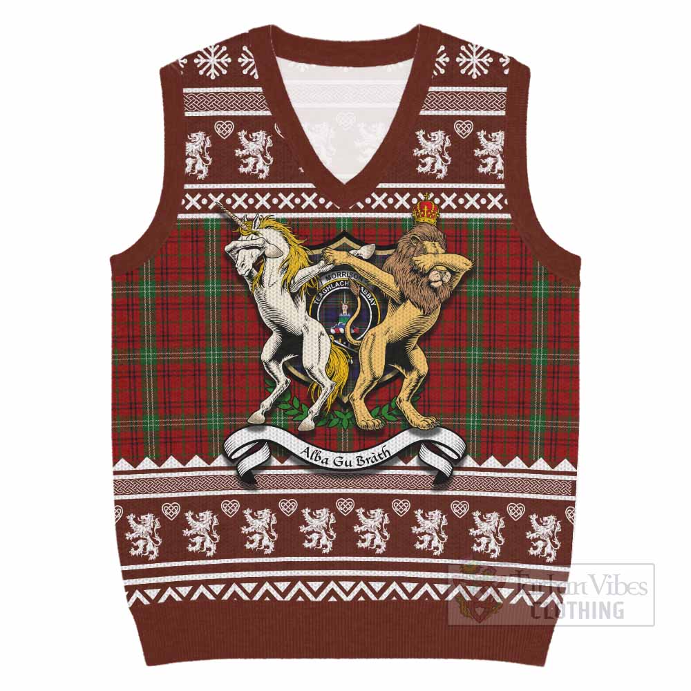 Morrison Clan Tartan Crest Christmas Knitted V-Neck Vest Coat of Arms Funny Style - Tartan Vibes Clothing