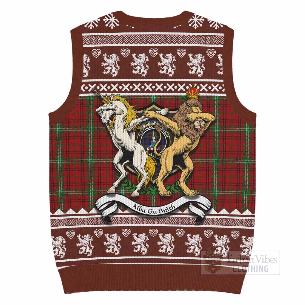 Morrison Clan Tartan Crest Christmas Knitted V-Neck Vest Coat of Arms Funny Style - Tartan Vibes Clothing