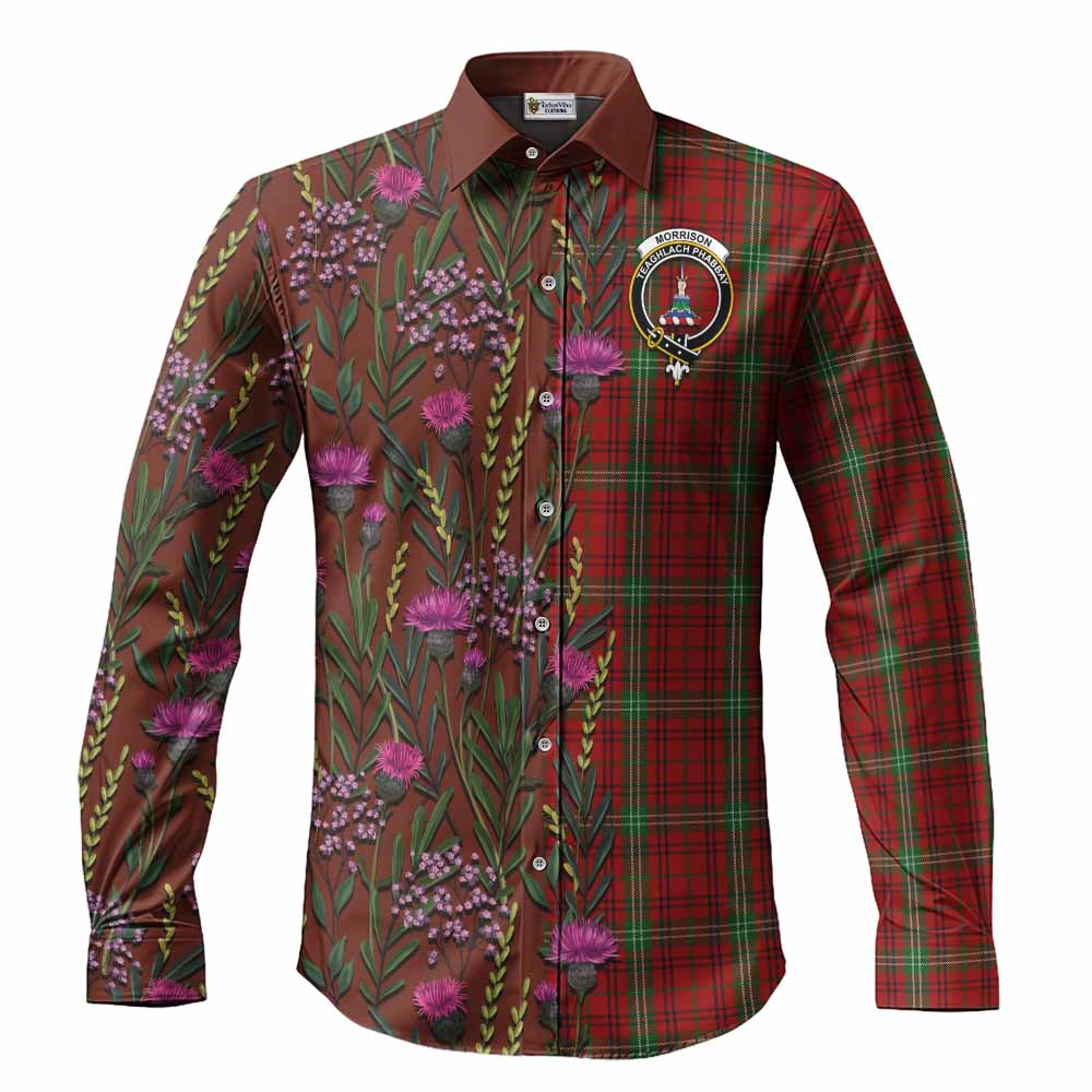 Morrison Family Crest Tartan Long Sleeve Button Shirts Scottish Thistle Flower Pattern Half Style - Tartan Vibes Clothing