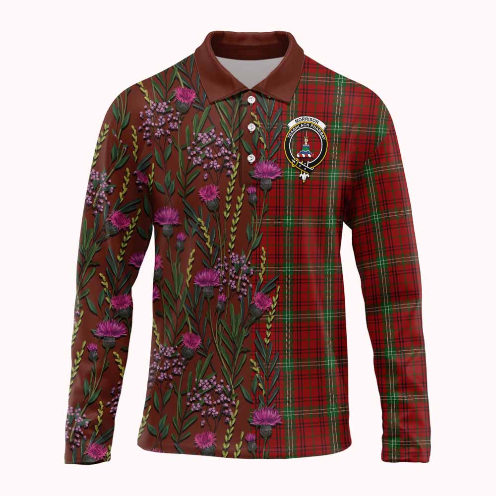 Morrison Family Crest Tartan Long Sleeve Polo Shirt Scottish Thistle Flower Pattern Half Style - Tartan Vibes Clothing