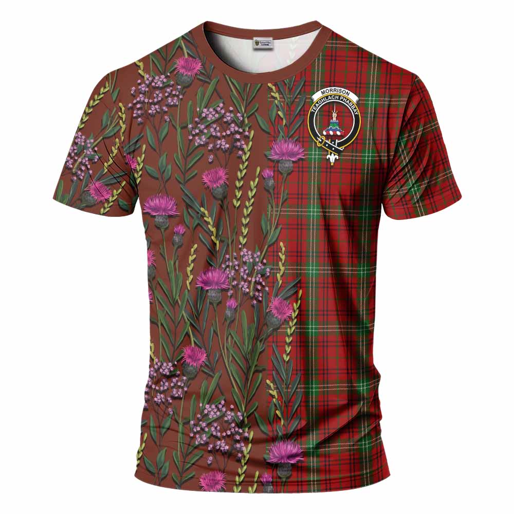 Morrison Family Crest Tartan T-Shirt Scottish Thistle Flower Pattern Half Style - Tartan Vibes Clothing