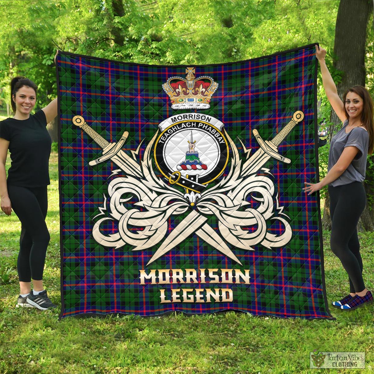 Tartan Vibes Clothing Morrison Modern Tartan Quilt with Clan Crest and the Golden Sword of Courageous Legacy