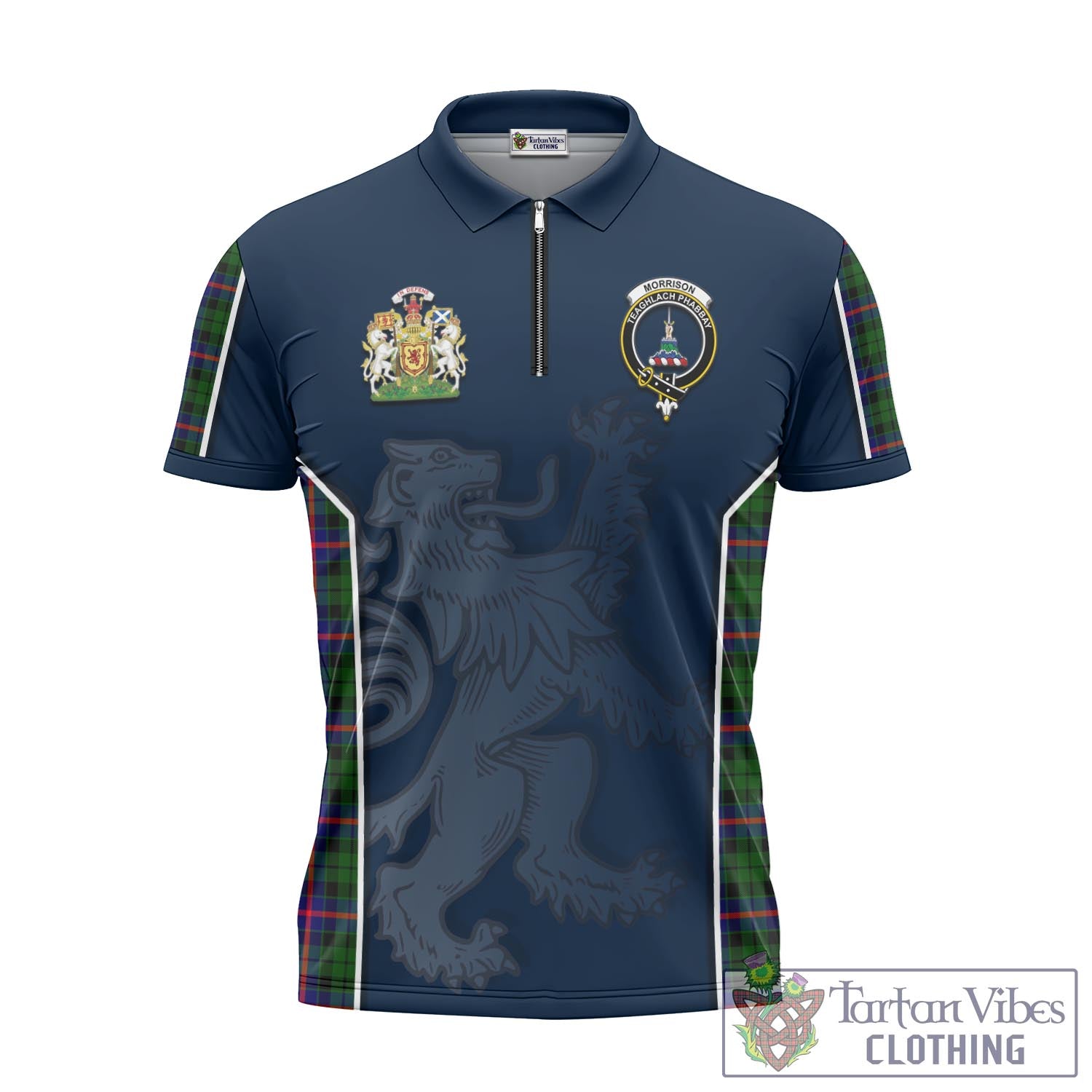 Tartan Vibes Clothing Morrison Modern Tartan Zipper Polo Shirt with Family Crest and Lion Rampant Vibes Sport Style