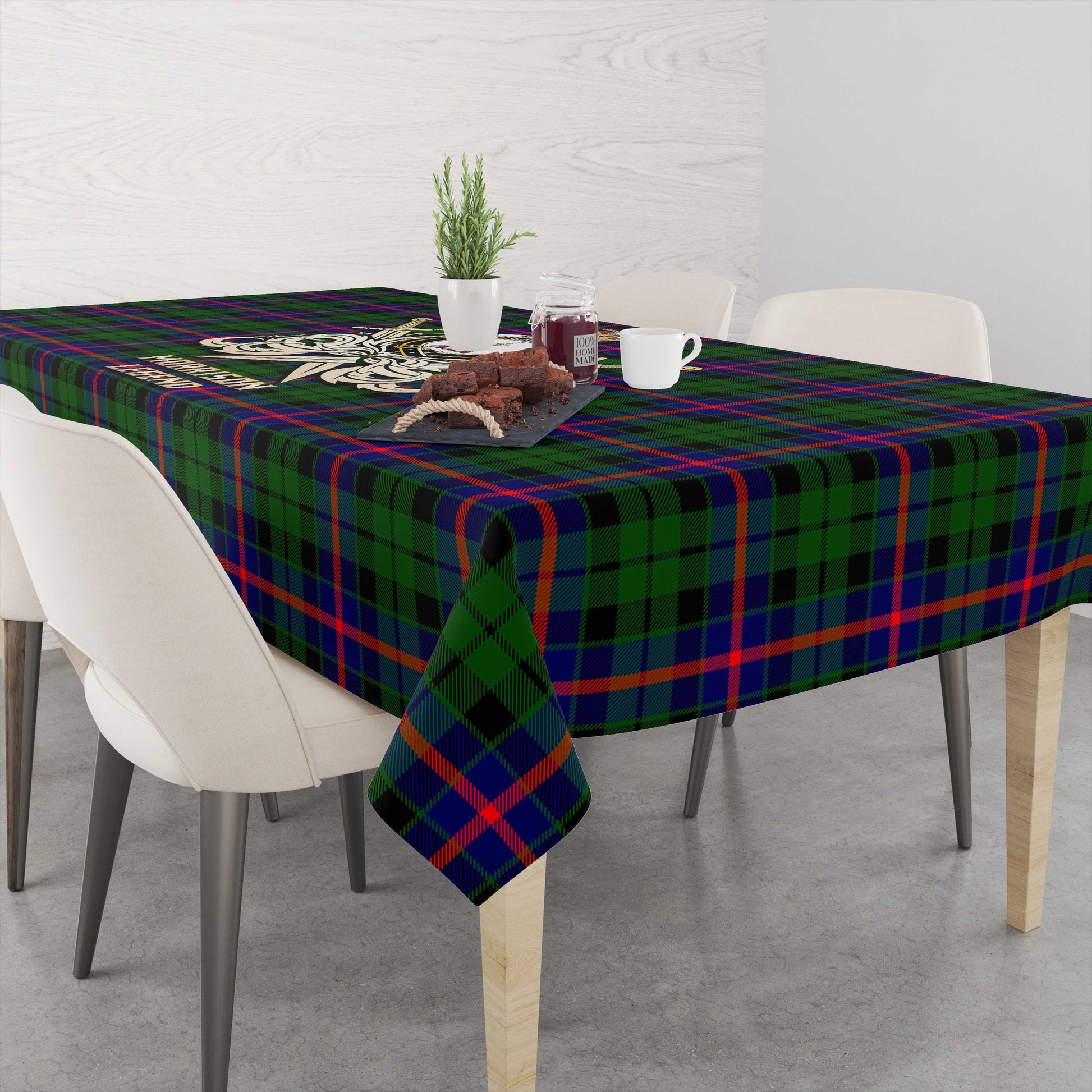 Tartan Vibes Clothing Morrison Modern Tartan Tablecloth with Clan Crest and the Golden Sword of Courageous Legacy