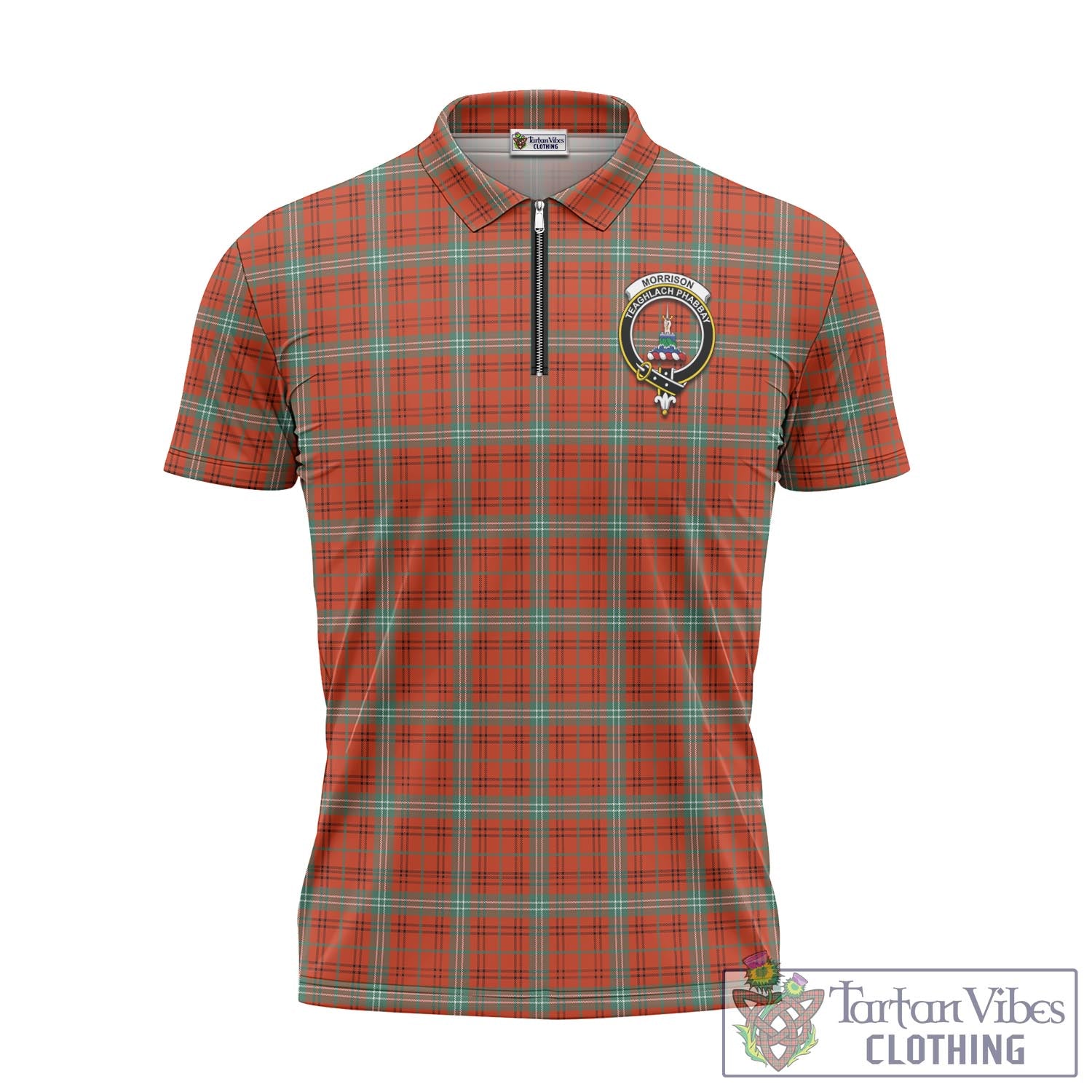 Tartan Vibes Clothing Morrison Red Ancient Tartan Zipper Polo Shirt with Family Crest