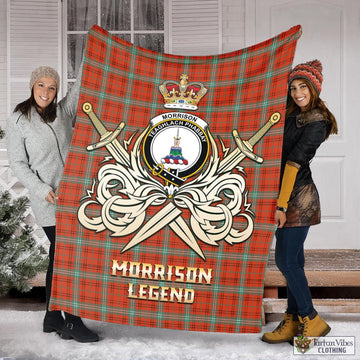 Morrison Red Ancient Tartan Blanket with Clan Crest and the Golden Sword of Courageous Legacy
